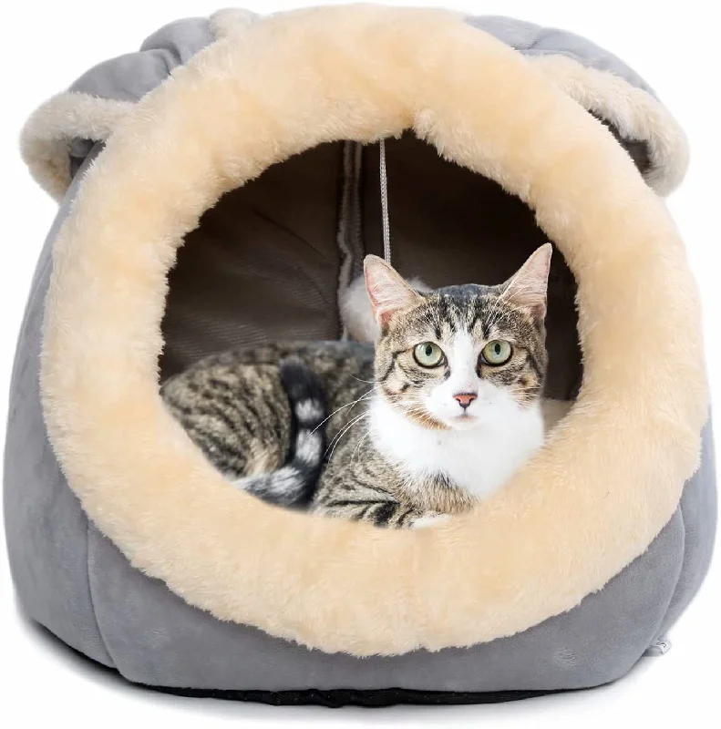 Cat Beds for Indoor Cats - Small Dog Bed with Anti-Slip Bottom, Rabbit-Shaped Cat/Small Dog Cave with Hanging Toy, Puppy Bed with Removable Cotton Pad, Super Soft Calming Pet Sofa Bed (Grey Medium)