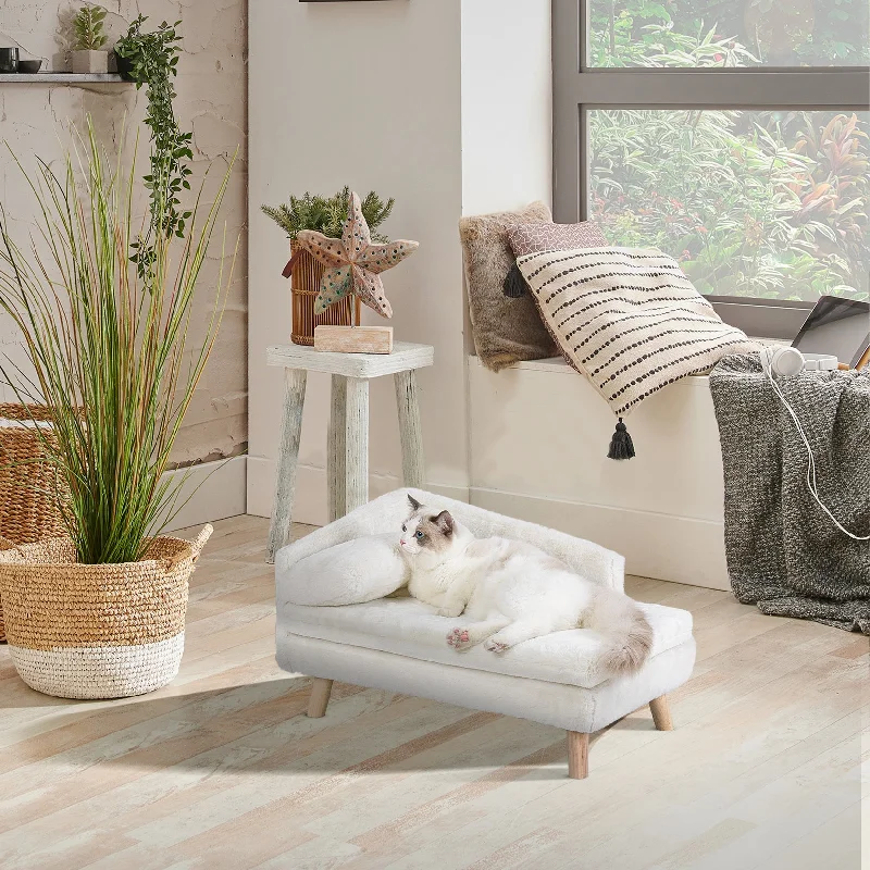 L Shape Cat Sofa Bed Wood Legs with Cushion Mat Pillow Chaise Stool