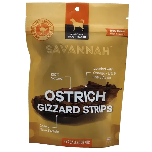 Savannah  Chewy Ostrich Gizzard Strips. Protein & Omega-3 rich, Natural Dog Chew Treat