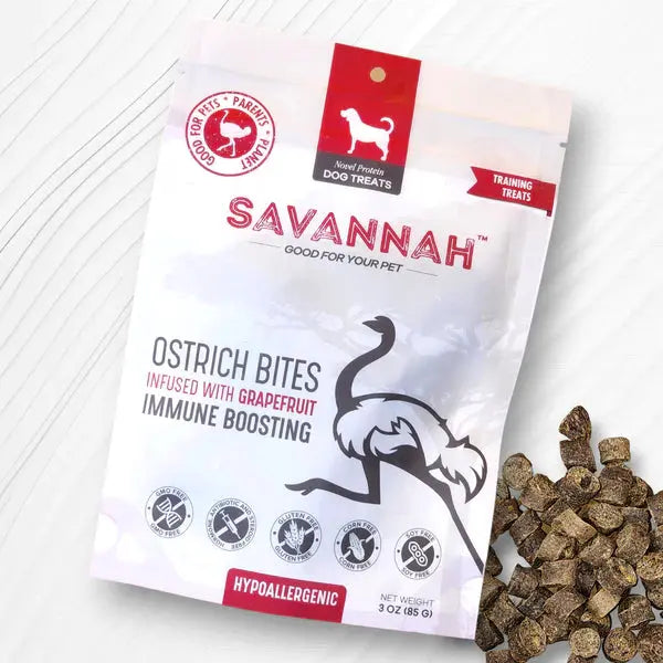 Savannah Hypoallergenic Ostrich Bites. Dog Treats with Immune Boosting Grapefruit 3oz