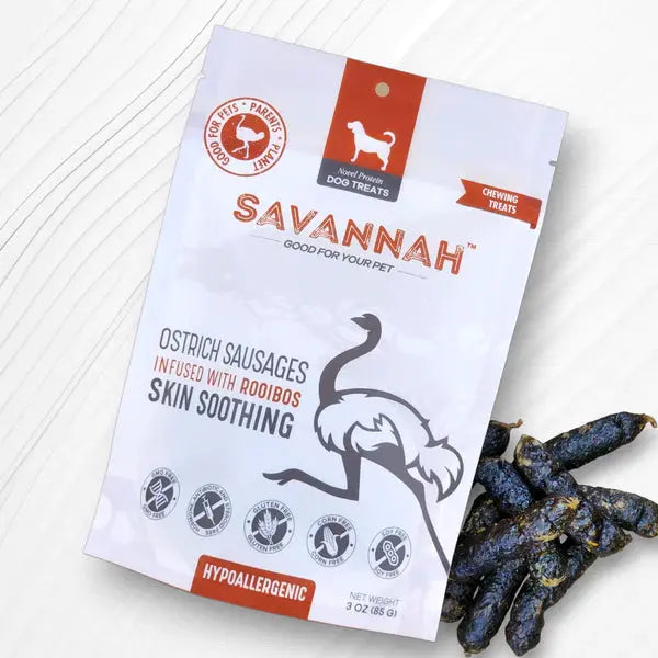 Savannah - Hypoallergenic Ostrich Sausages. Dog Treats with Skin Soothing Rooibos