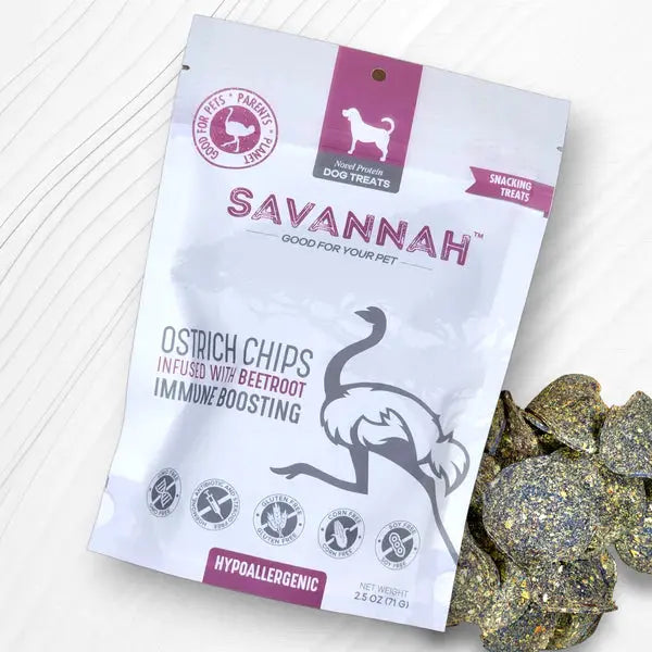 Savannah Pet Food Hypoallergenic Ostrich Chip Dog Treats with Immune Boosting Beetroot 2.5oz