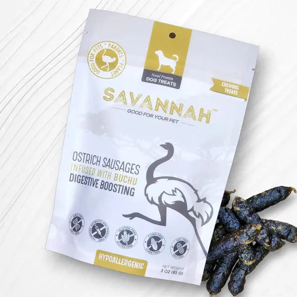 Savannah Pet Food Hypoallergenic Ostrich Sausages Dog Treats with Digestive Boosting Buchu